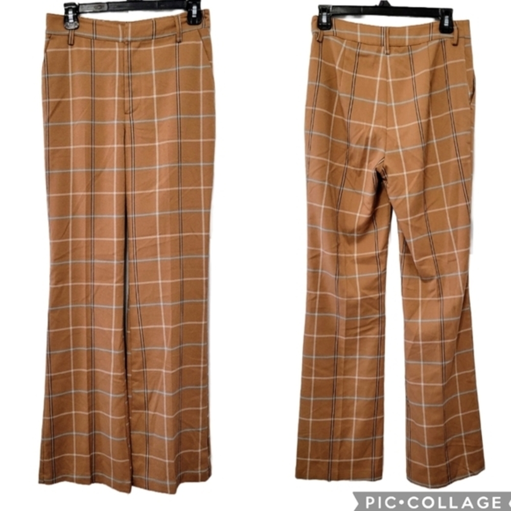 Urban Outfitters Caramel Brown Plaid High Rise Flare‎ Pants Sz 4 Clueless Preppy